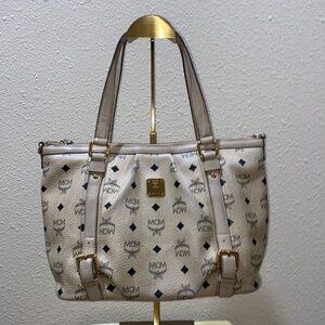 Authentic MCM Visetos Beige canvas leather tote bag.
